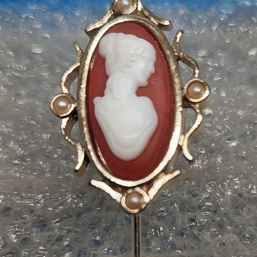Vintage Avon Stamped Cameo Stick Pin Gold Tone Faux Pearl Hat Lapel